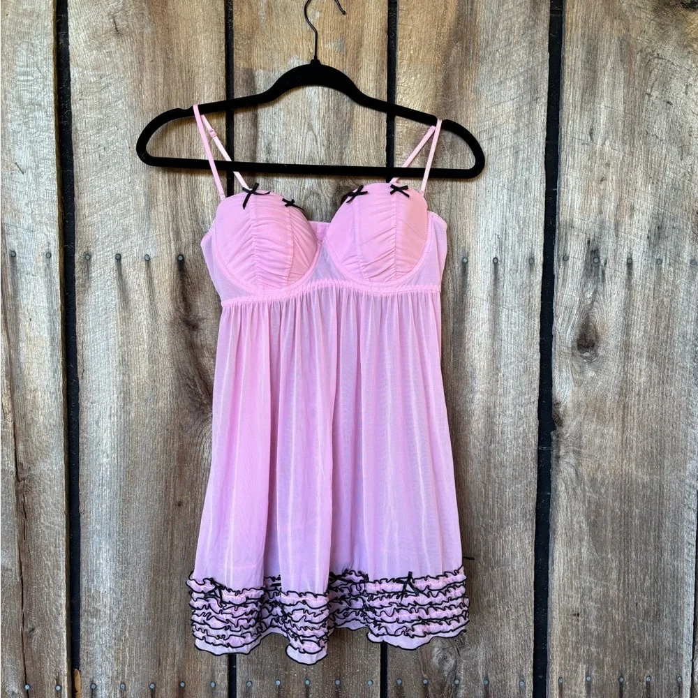 Charlotte Russe Y2K Pink & Black Babydoll Lingerie 36B Sheer Ruffle Hem Coquette